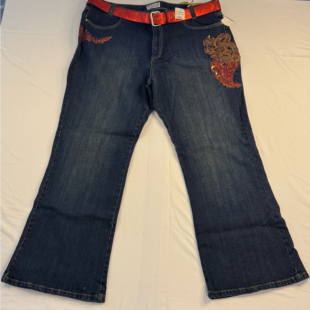 Crest Dark Blue Flare Jeans with Red Embroidery